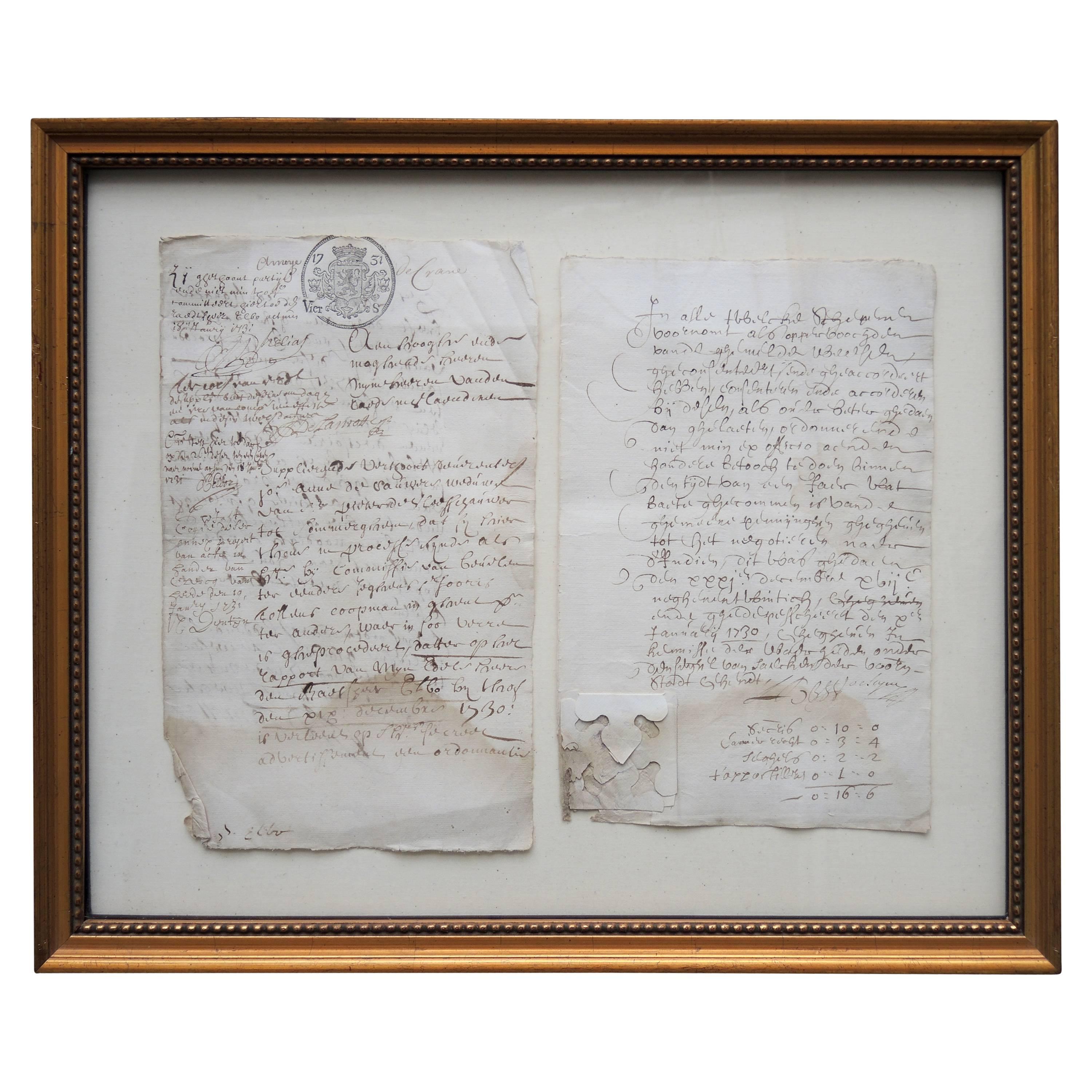 Two 18th Century Flemish Framed Documents For Sale
