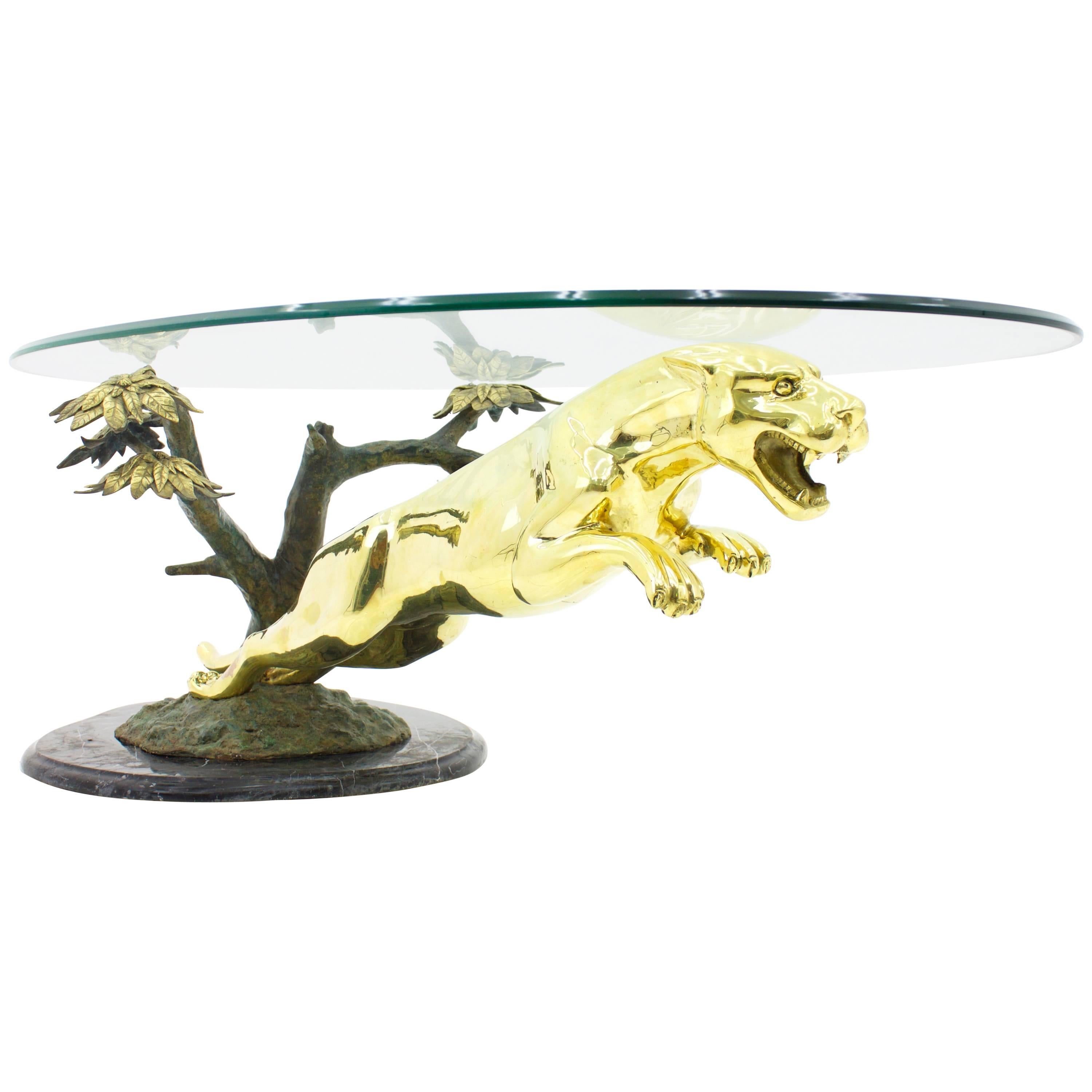 Brass and Glass Sofa Table with a Jumping Panther, France 1960s