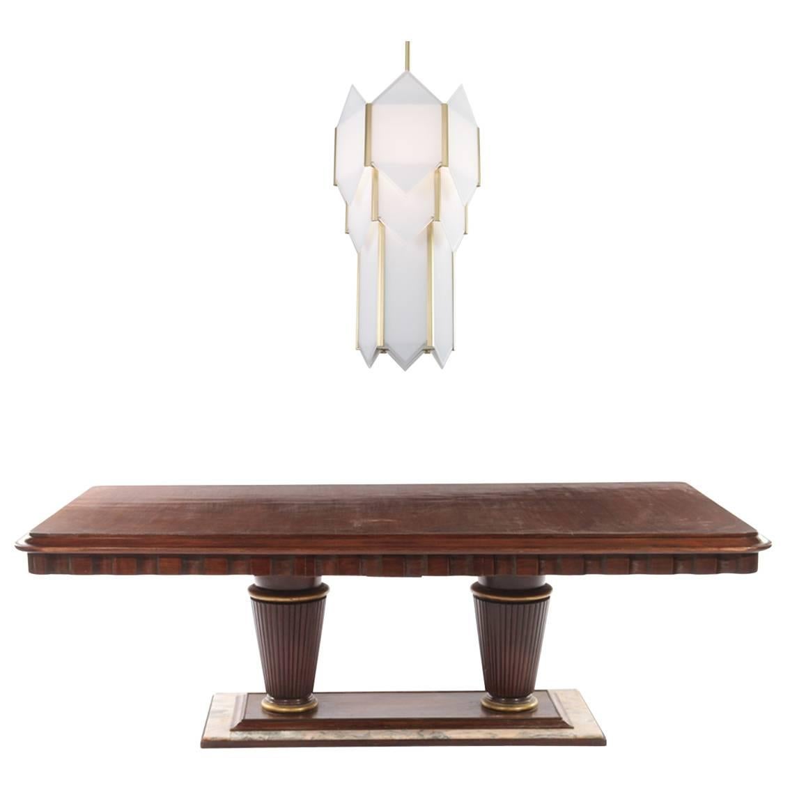 Mahogany and Marble Art Deco Dining Room Table with Skyscraper Chandelier For Sale