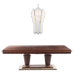 Mahogany and Marble Art Deco Dining Room Table with Skyscraper Chandelier