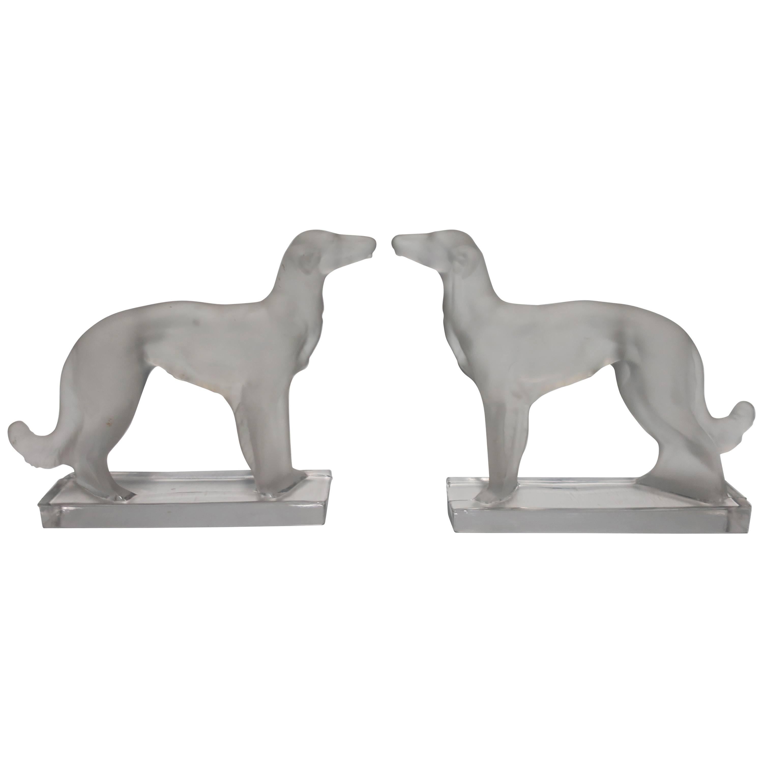 Set Glass Dog Bookends Borzoi Russian Wolfhound Art Deco Martinsville MINT COND.