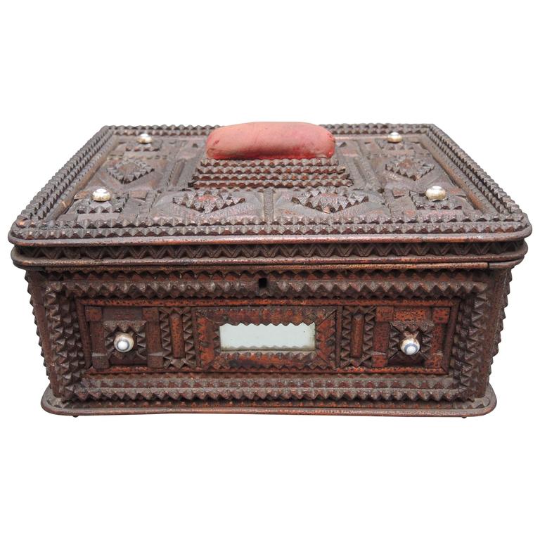 Tramp Art Box Inset with Mirrors For Sale at 1stdibs