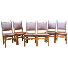 Set of Six Country Oak Arts and Crafts Leather Upholstered Dining Chairs