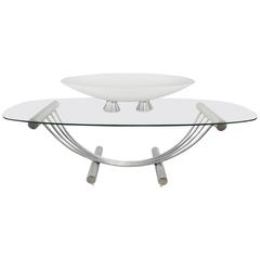 Mid-Century Modern Tubular Chrome Oval Glass Coffee Table with Center Piece