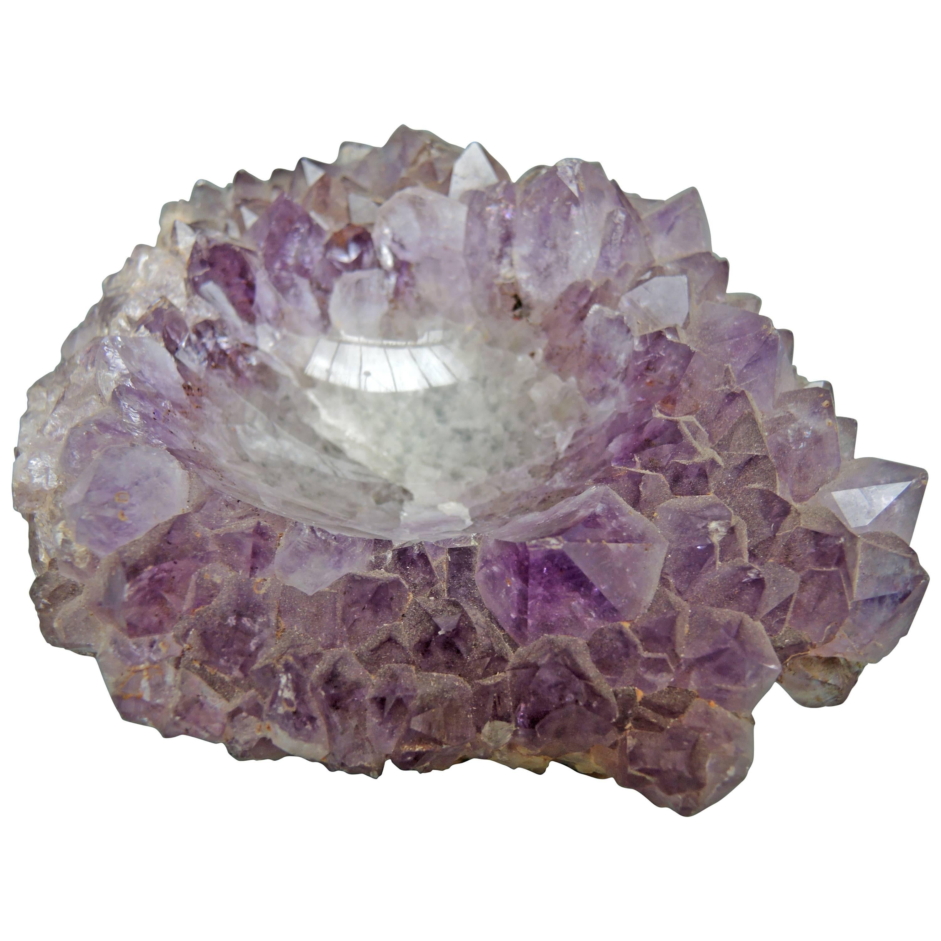 Carved Amethyst Stone Geode Cluster Modern 1970s Small Bowl  For Sale