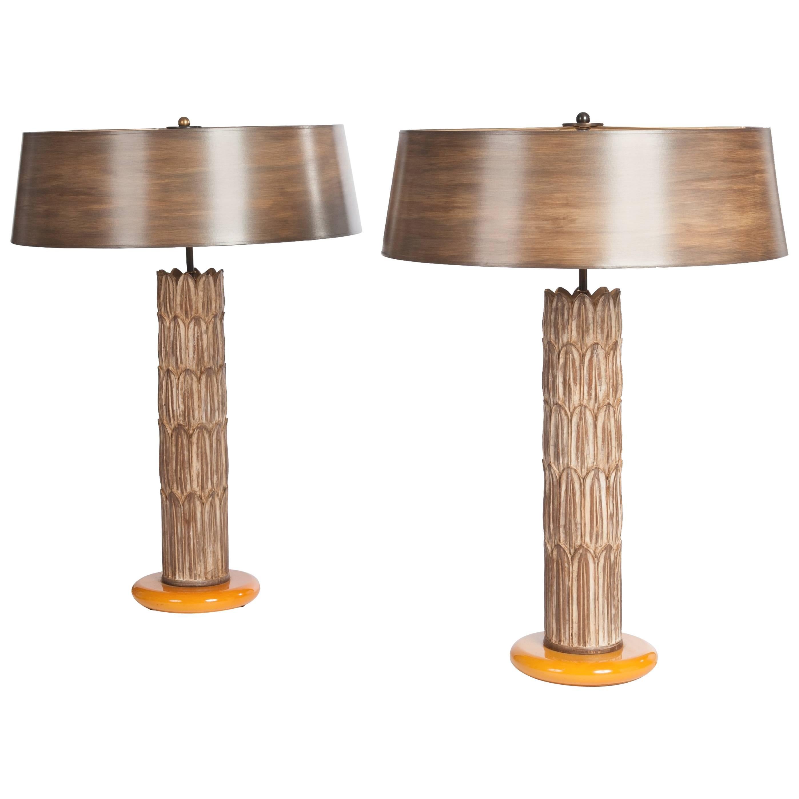Pair of Mid-Century, Italian Table Lamps with Hand-Painted Shades