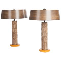 Vintage Pair of Mid-Century, Italian Table Lamps with Hand-Painted Shades