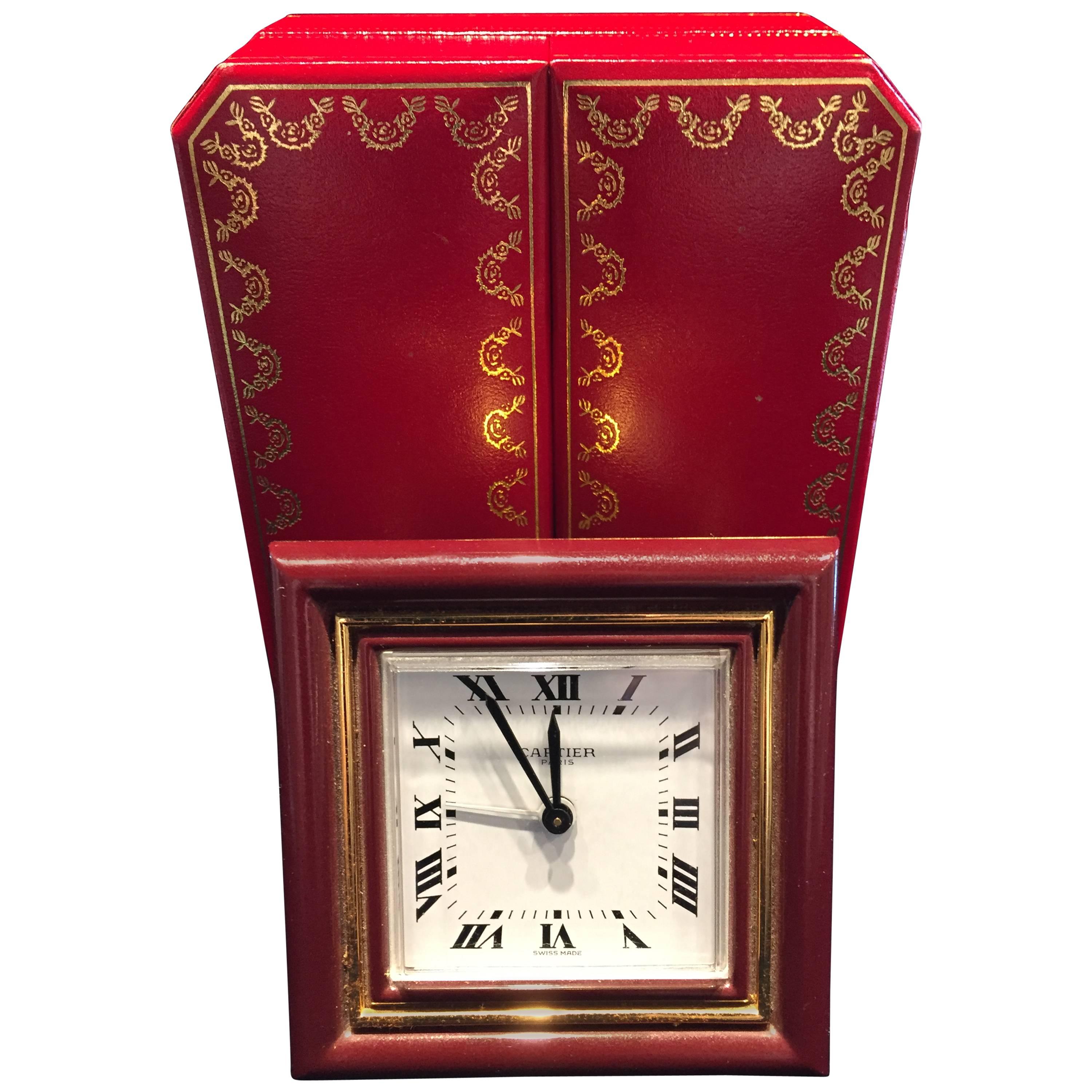 Cartier Classic Burgundy Enamel Clock/Travel Alarm Clock Original Leather Box