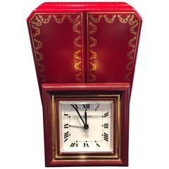 Vintage Cartier Classic Burgundy Enamel Clock/Travel Alarm Clock Original Leather Box