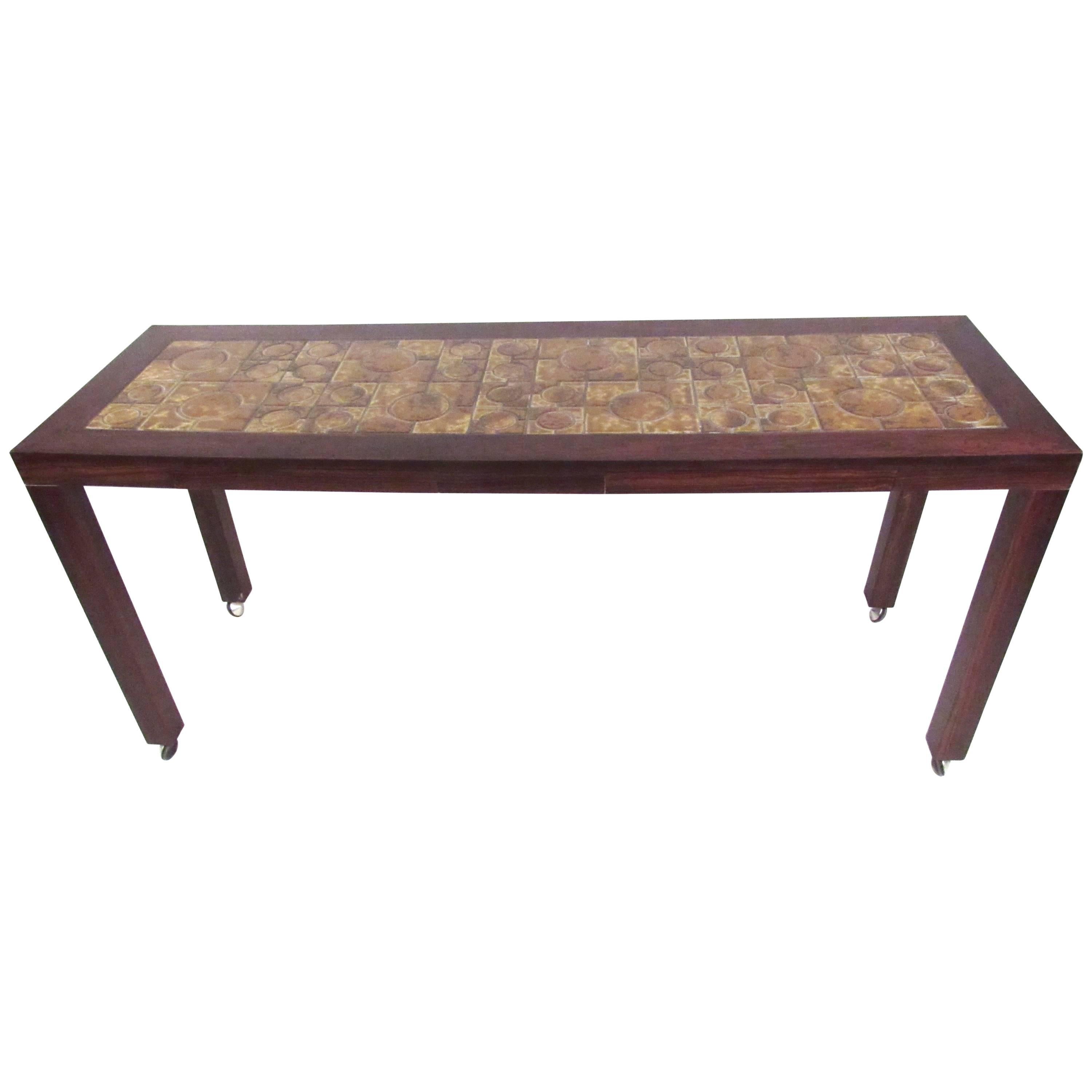 Danish Modern Rosewood Console Table with Tile, Inlay