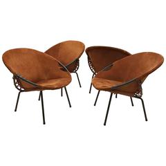 Vintage A Pair of Suede Mid-Century Barrel Chairs, France, circa 1960