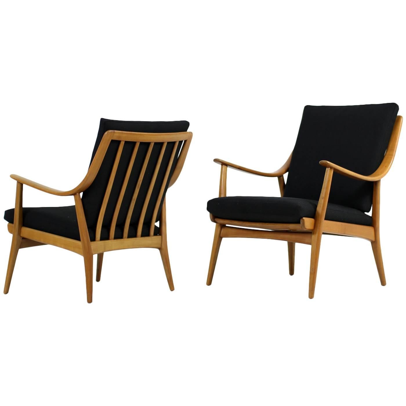 Very Rare Pair of 1950s Mid-Century Modern Beechwood Easy Lounge Chairs