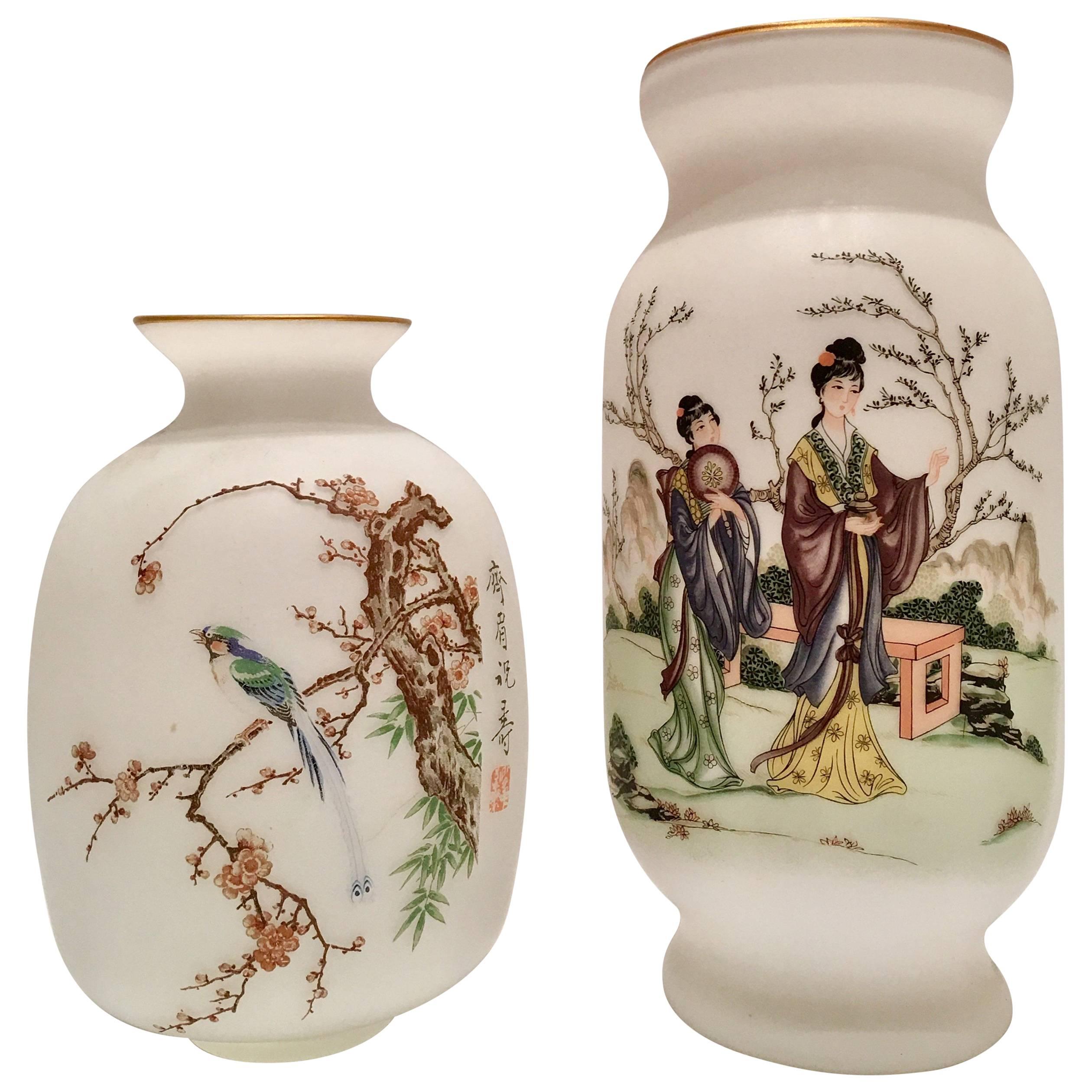 20th Century Pair Of Japanese Hand-Painted Satin Glass Vases For Sale