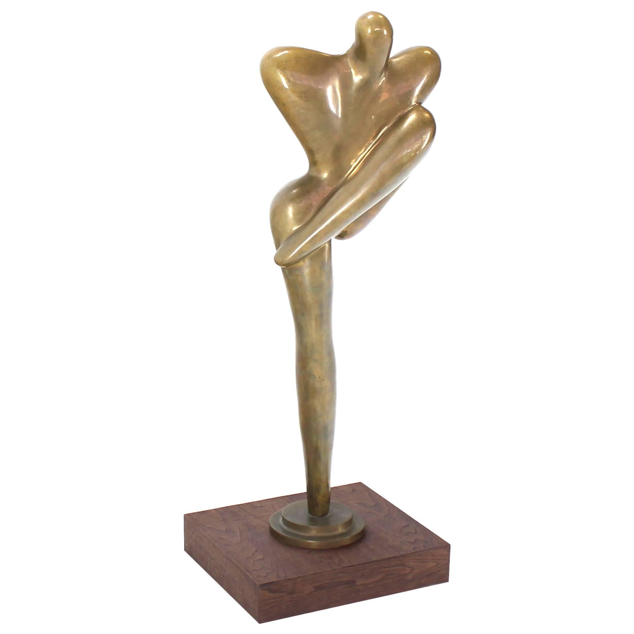 43"H Large Mid Century Modern Nude Bronze Abstract Dancer Sculpture Walnut Base For Sale