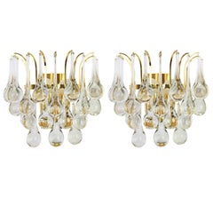 Large Pair of Golden Gilded Brass and Crystal Sconces by Palwa, Germany, 1970s