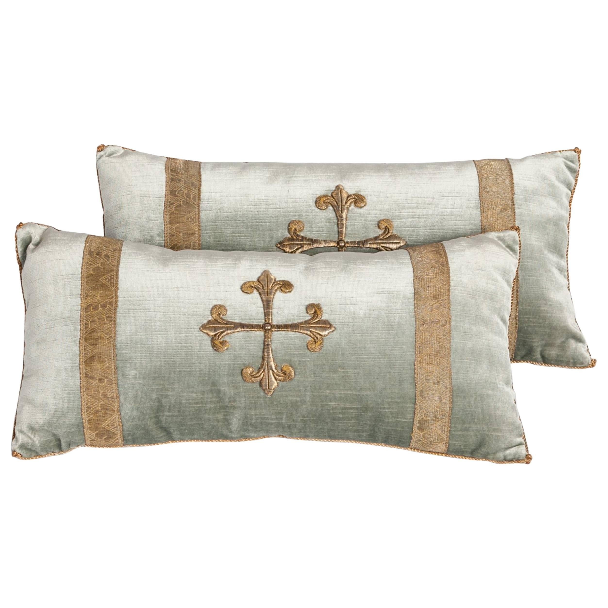 Pair of Pastel Green Colored Velvet Pillows with Antique Metallic Embroidery 