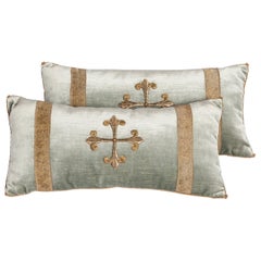 Pair of Pastel Green Colored Velvet Pillows with Antique Metallic Embroidery 