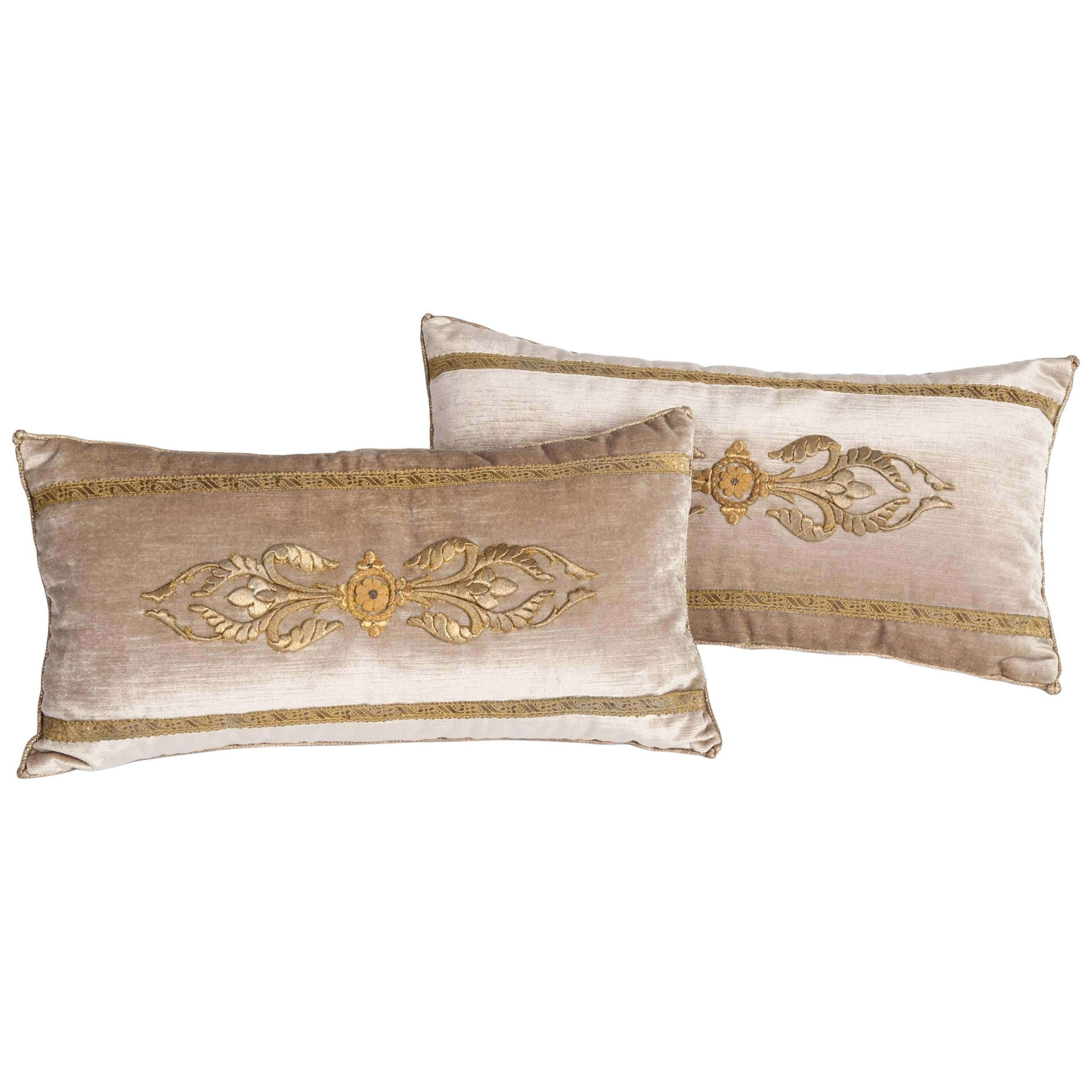Pair of Champagne-Beige Colored Velvet Pillows with Antique Metallic Embroidery