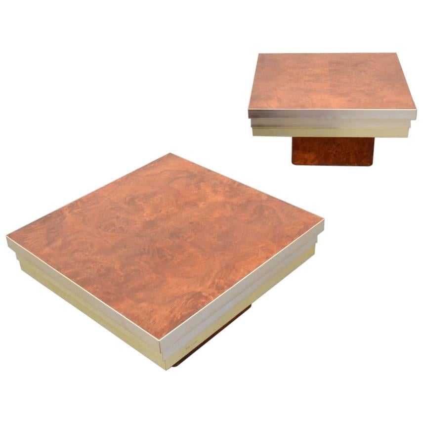 Beautiful Pair of Pierre Cardin Burl Wood and Chrome Side Tables, Signed