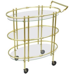 Retro Mid Century Italian Modern Polished Brass & Glass Three Tier Oval Bar Tea Cart