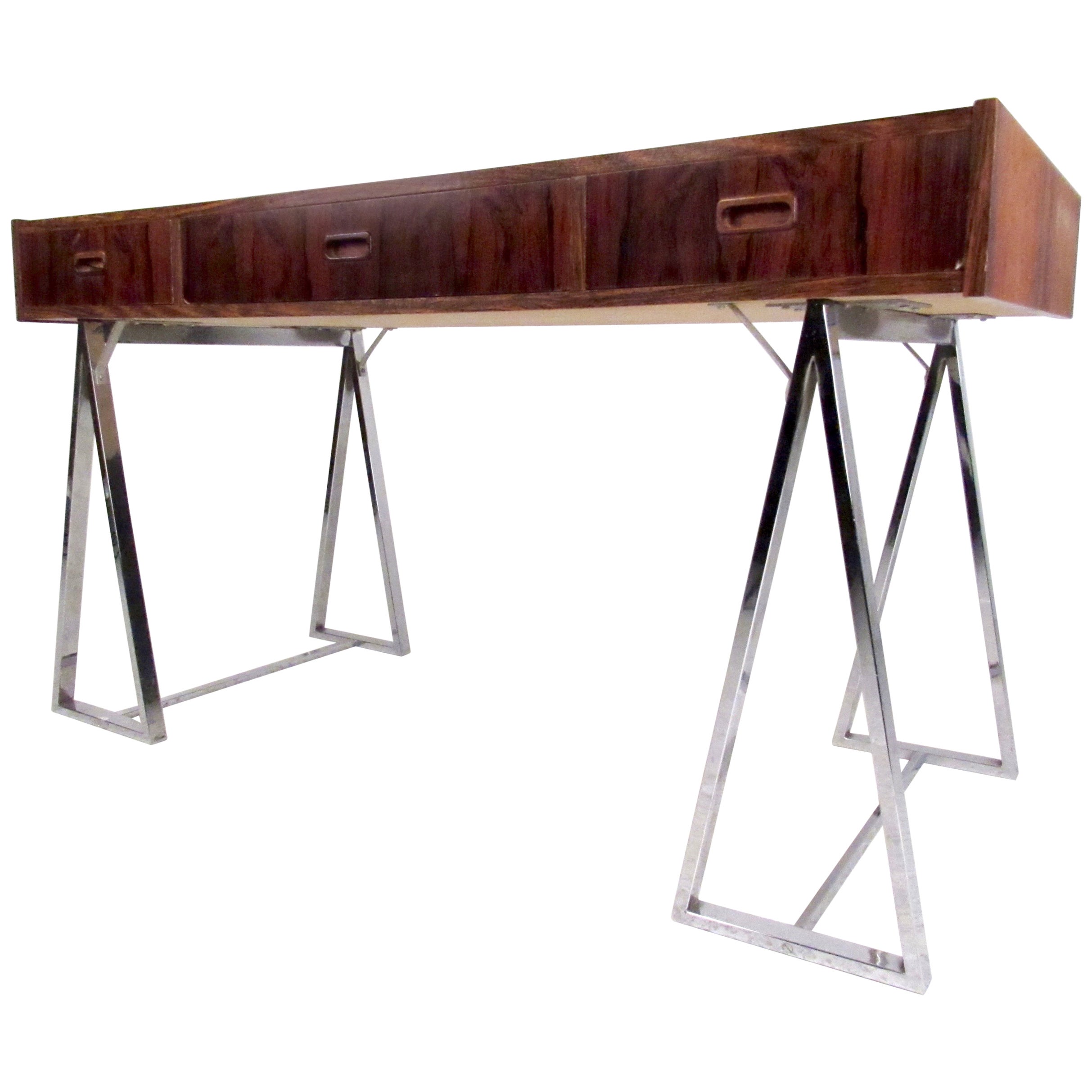 Walnut and Rosewood MidCentury Modern Desk with Brass Knobs at 1stDibs
