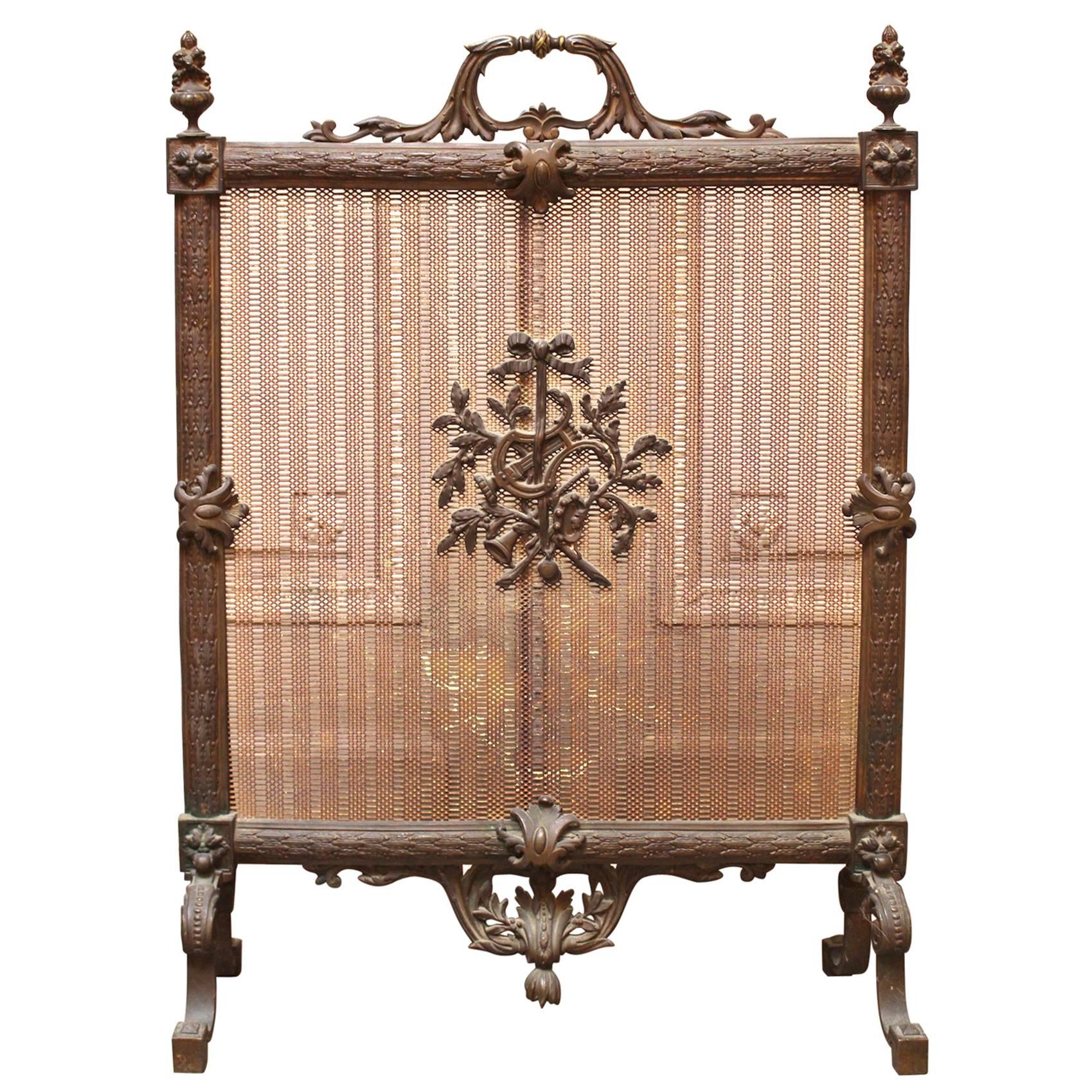 French Louis XVI Style Bronze Firescreen with Lyre Design For Sale