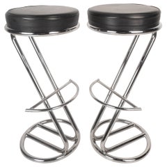 Pair of Mid-Century Modern Leather and Chrome Bar Stools