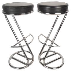 Pair of Mid-Century Modern Leather and Chrome Bar Stools 3