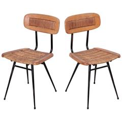 Pair of Elegant French 1950s Chairs in Rush and Lacquered Metal