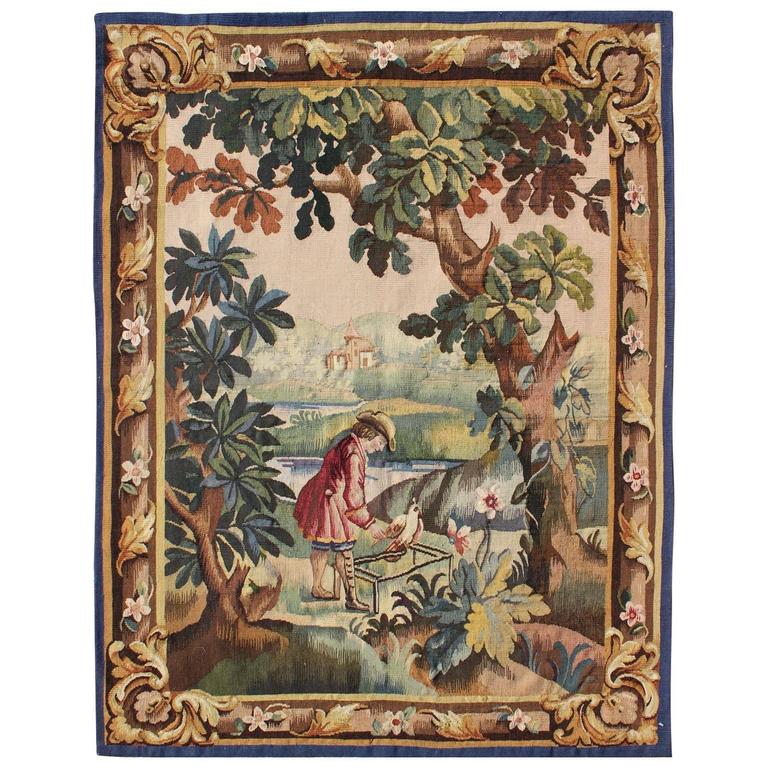 Antique French Aubusson Tapestry with Woodland Scene Surrounded by