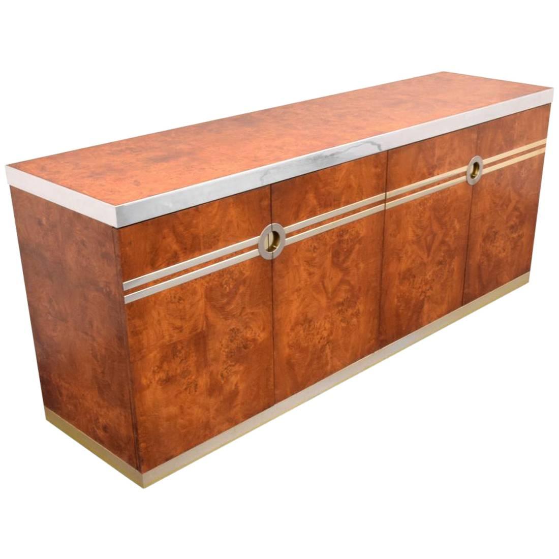 Pierre Cardin Burl Wood and Chrome and Brass Credenza, Signed For Sale
