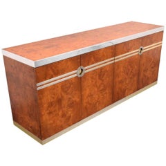 Pierre Cardin Burl Wood and Chrome and Brass Credenza, Signed