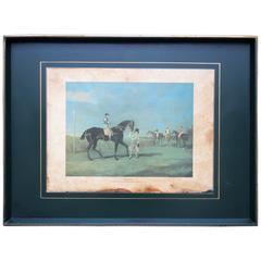 Vintage English Wood Bar Tray Table with Decoupage Equestrian Print Decoration.
