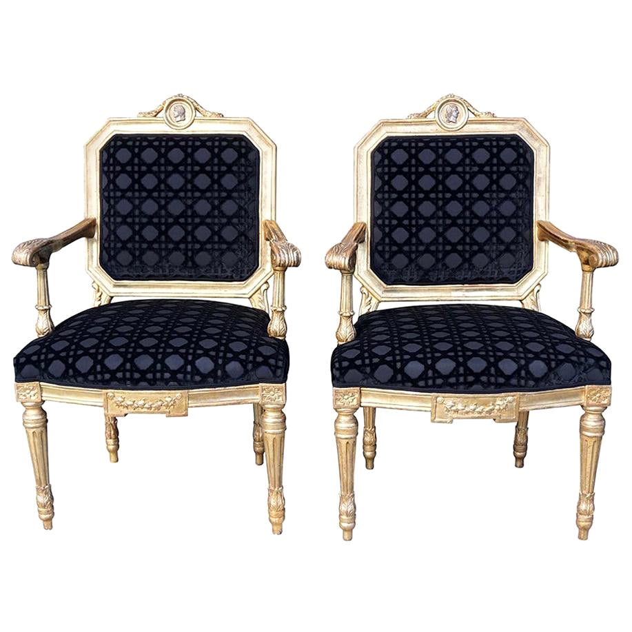 18th Century Black Italian Pair of Antique Giltwood Armchairs, Fauteuils