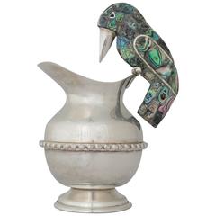 Silver Plate & Colorful Abalone Parrot Pitcher - 3 Dimensional Parrot