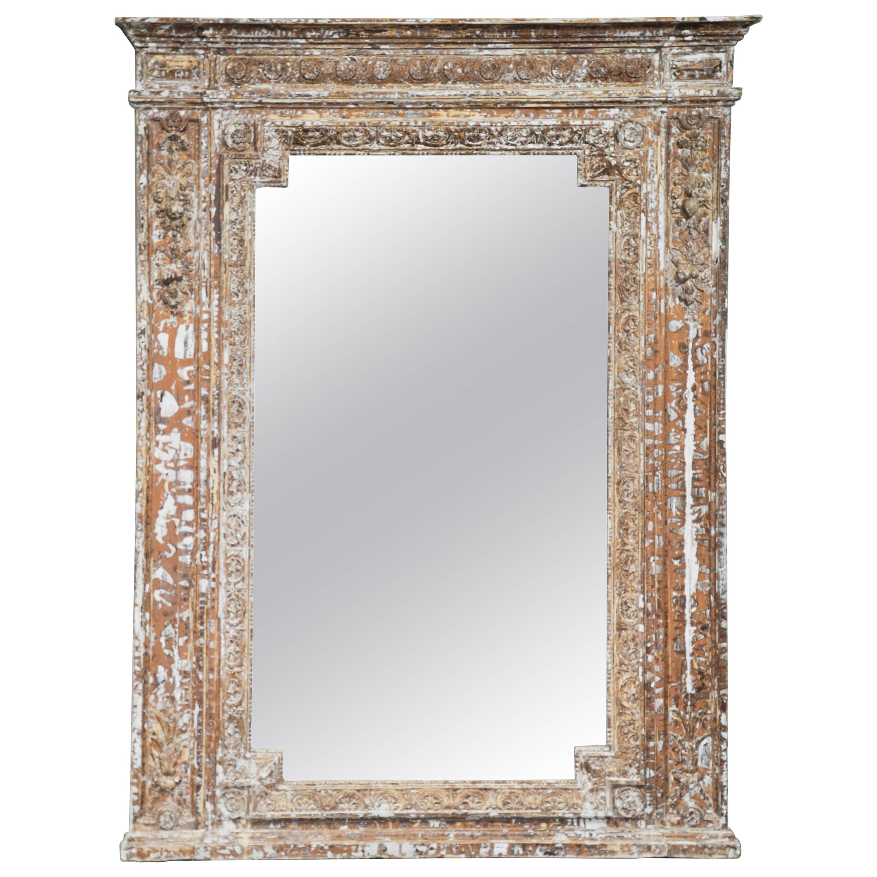 19th Century French Carved Wood Mirror with Stripped Paint Finish