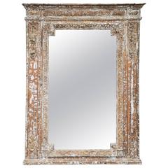 19th Century French Carved Wood Mirror with Stripped Paint Finish