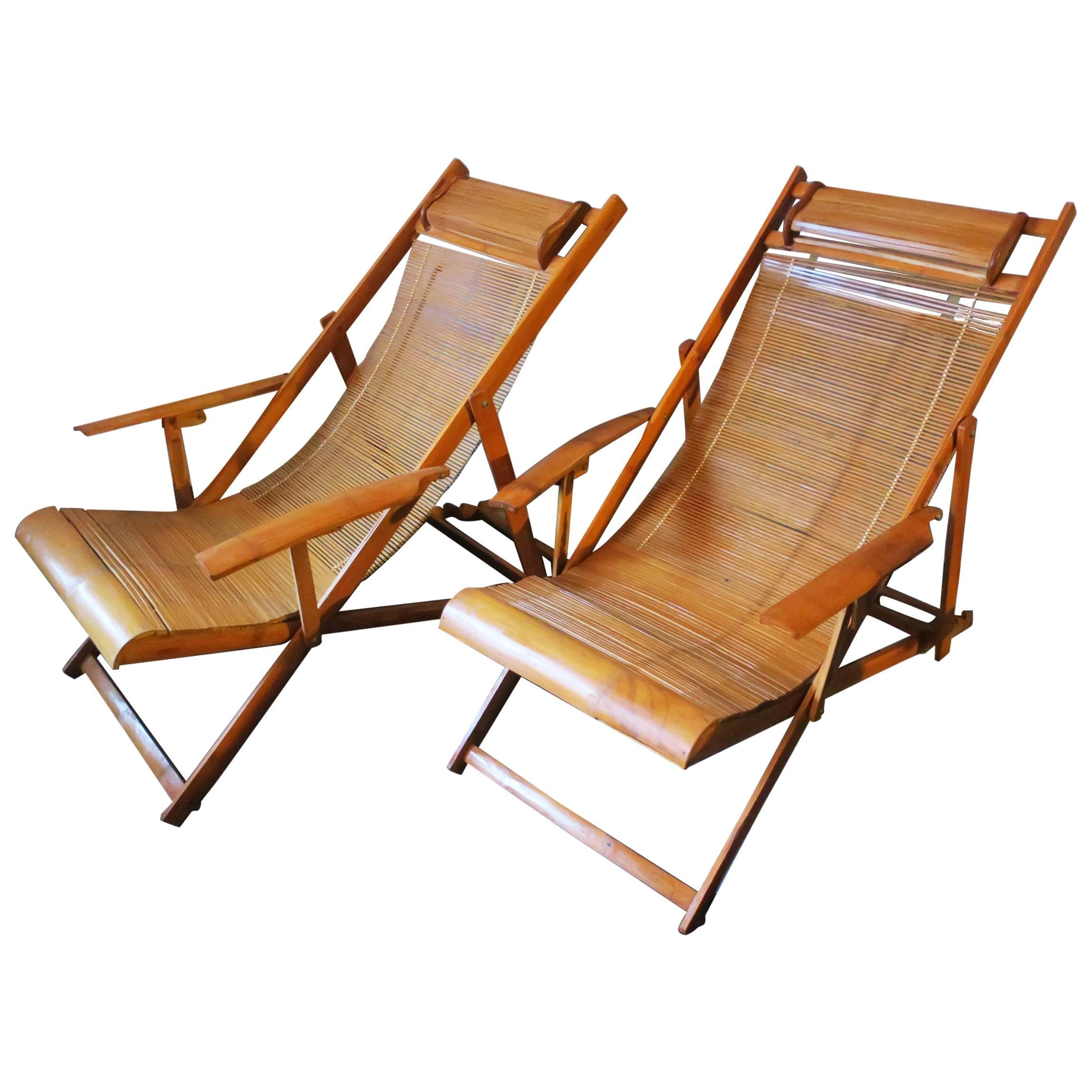 Fine Unusual Pair of Mid-Century Bamboo Adjustable Deck Chairs with Armrests For Sale