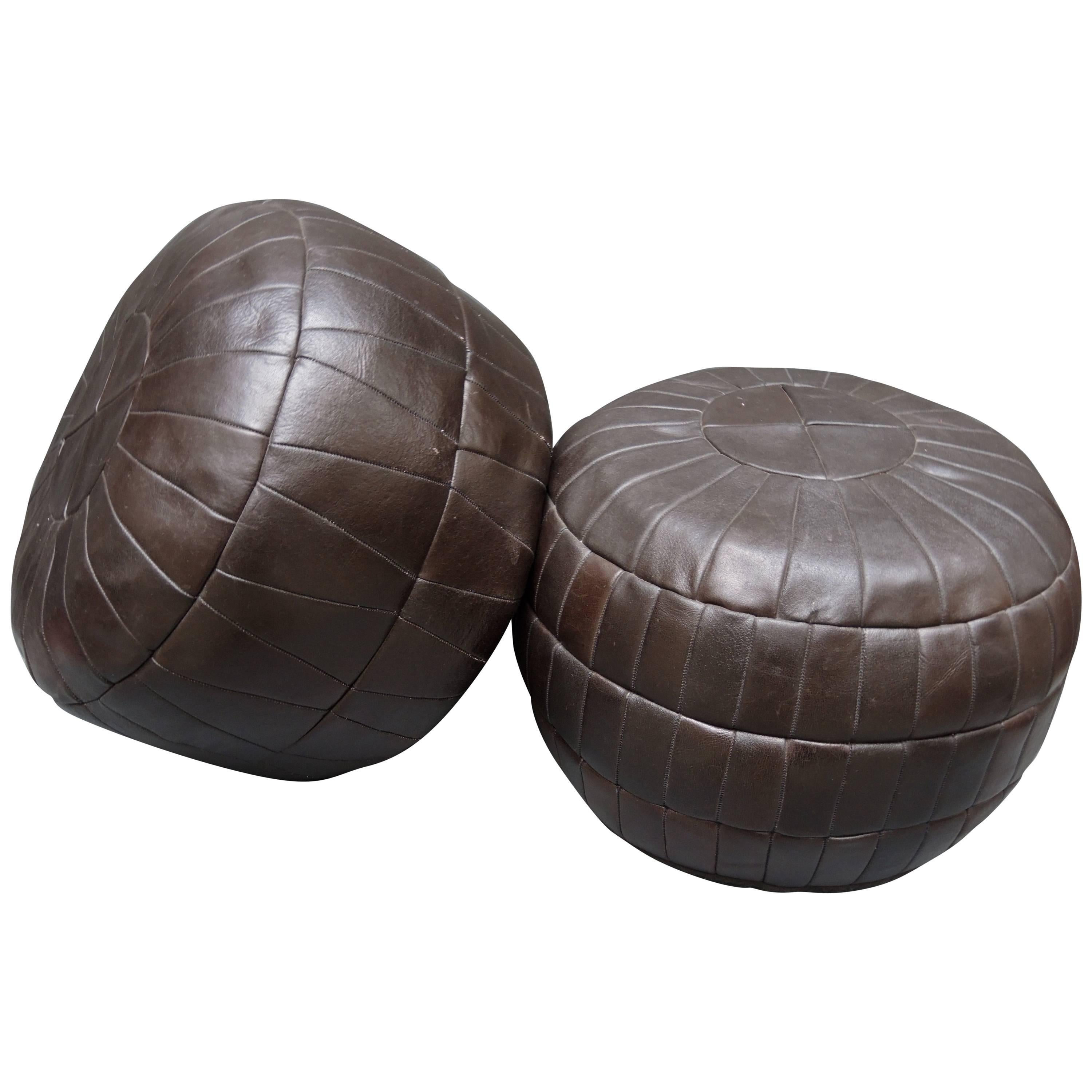 Pair of 1960's Vintage Chocolate Brown Leather Ottomans