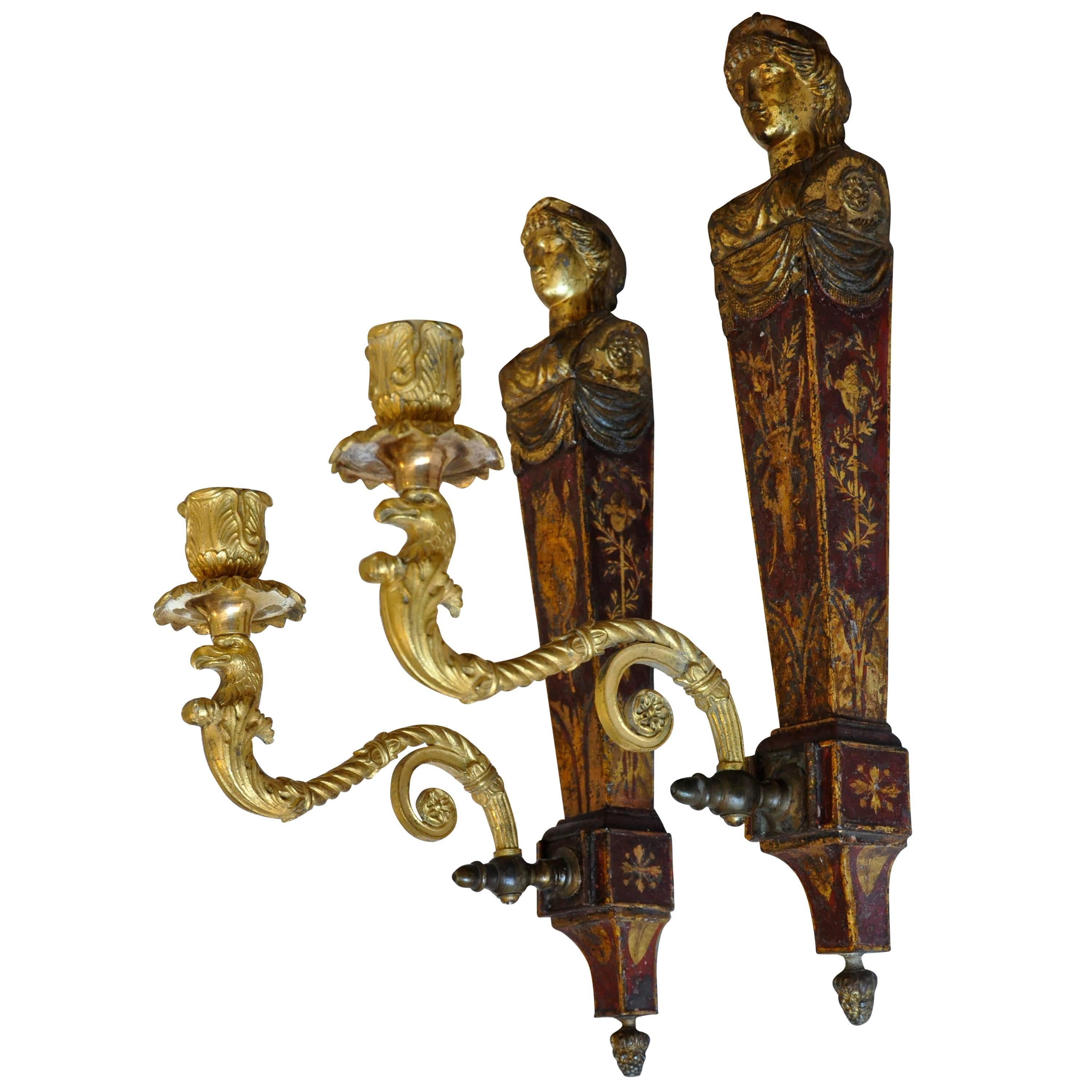 Pair of French Empire Red Tole and Gilt Neoclassical Sconces