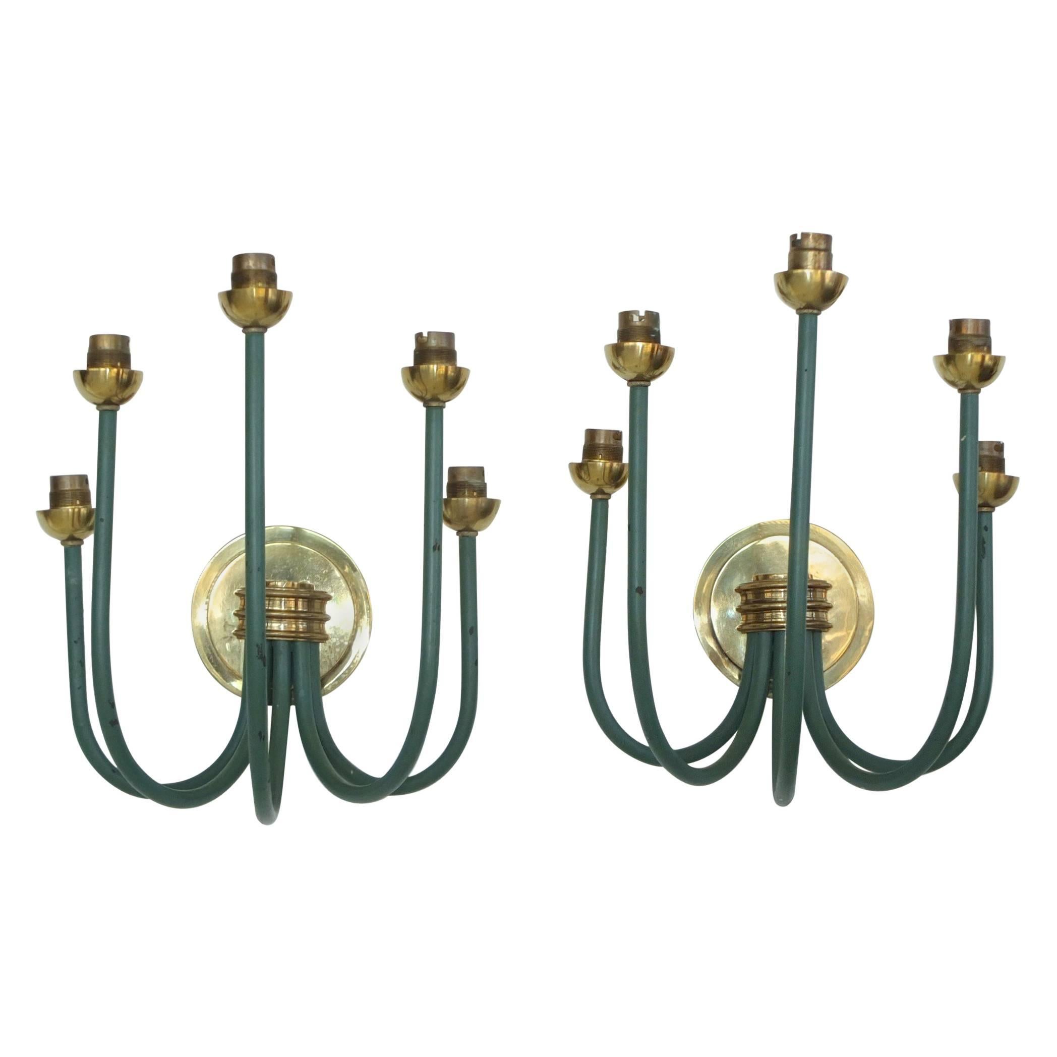 French Large-Scale Five Branch Wall Sconces in Brass and Green Painted Iron