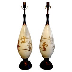 Pair of Mid-Century White Glass Lamps with Abstract Gilt Decoration