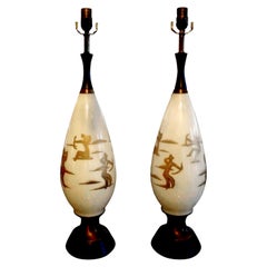 Pair of Mid-Century White Glass Lamps with Abstract Gilt Decoration