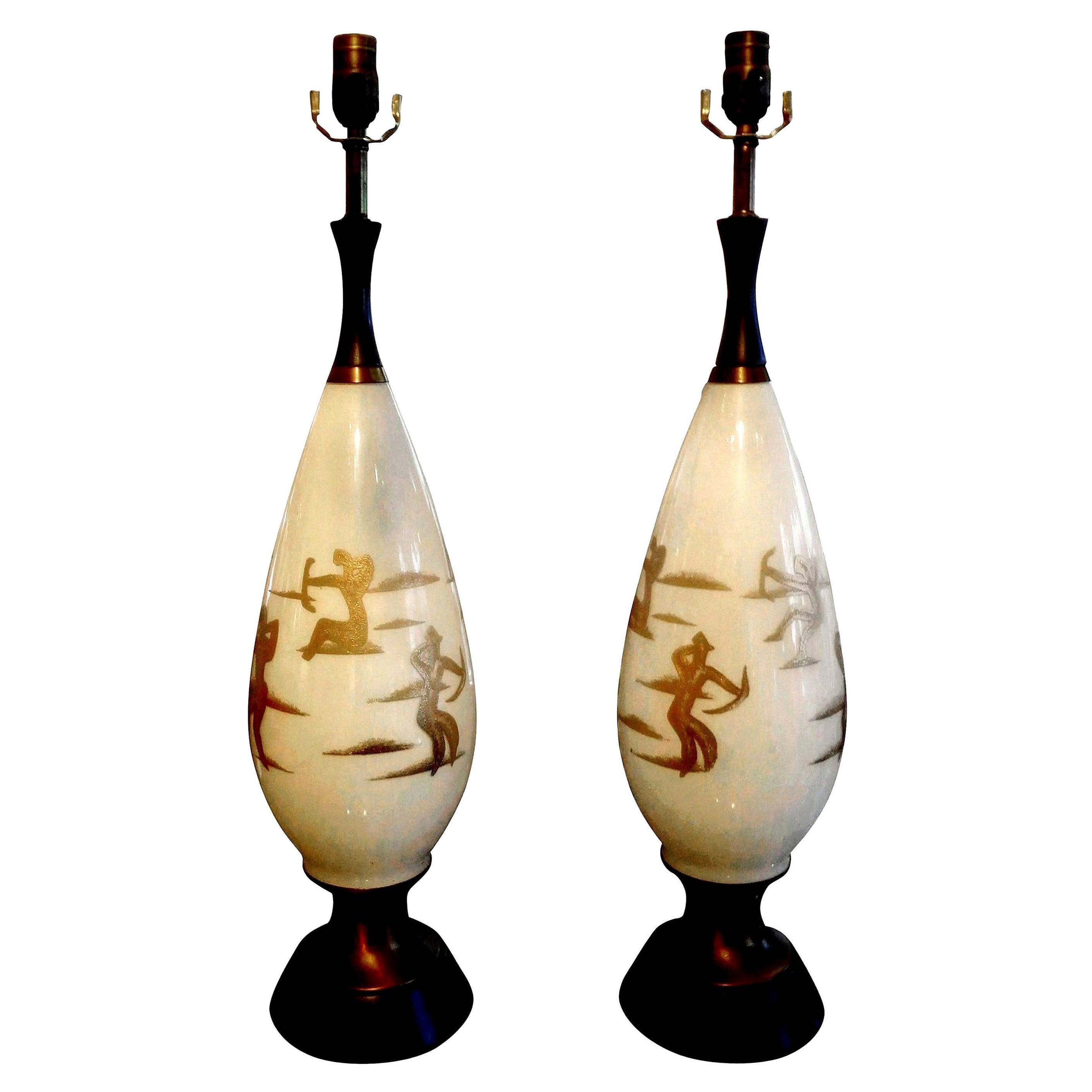 Pair of Midcentury White Glass Lamps with Abstract Gilt Decoration For Sale