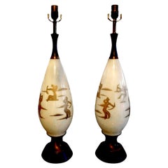 Pair of Midcentury White Glass Lamps with Abstract Gilt Decoration