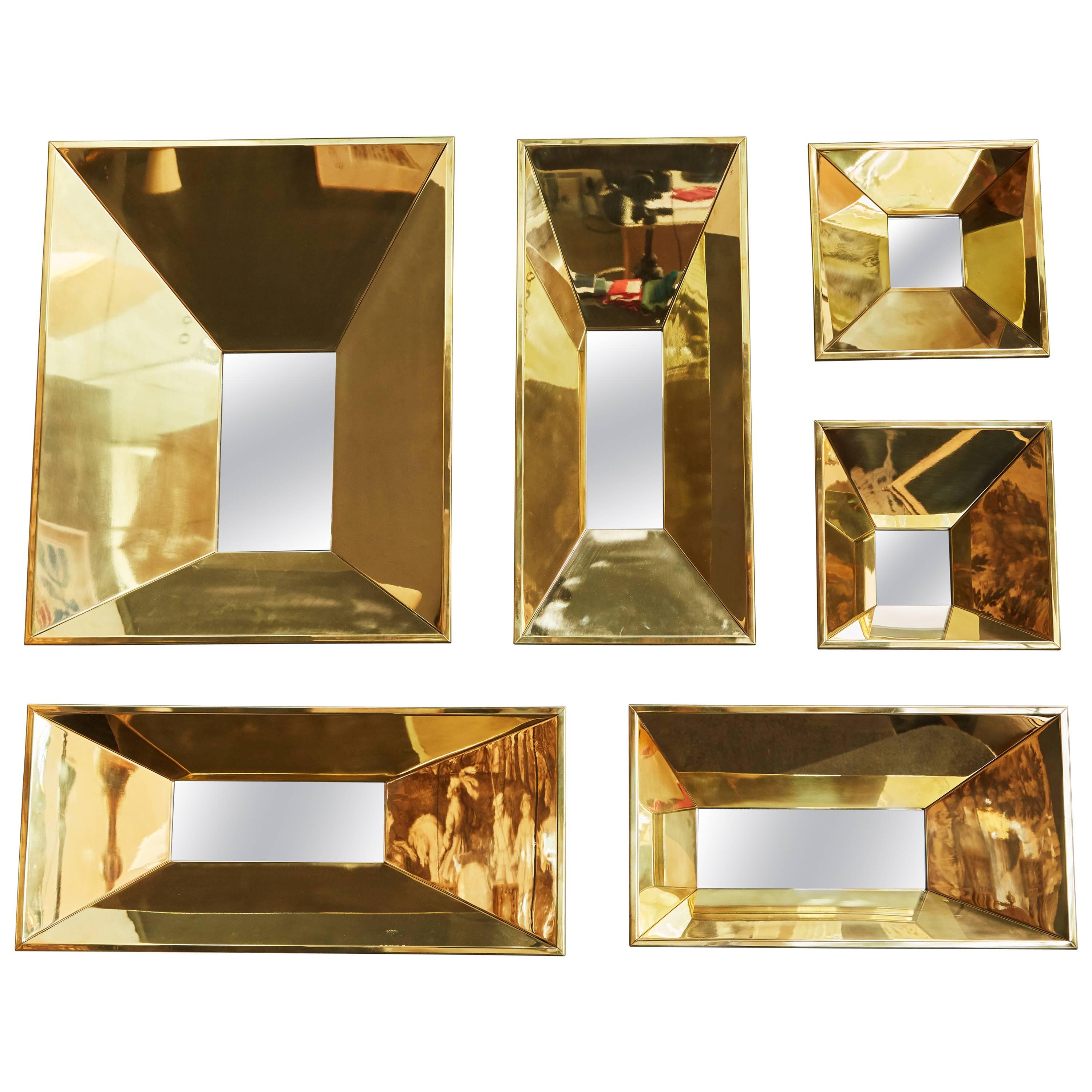 Stunning Set of Six Canted Framed Mirrors with Highly Polished Brass