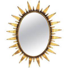 Spanish 1950s Oval Wrought Gilt Iron Sunburst Mirror 12
