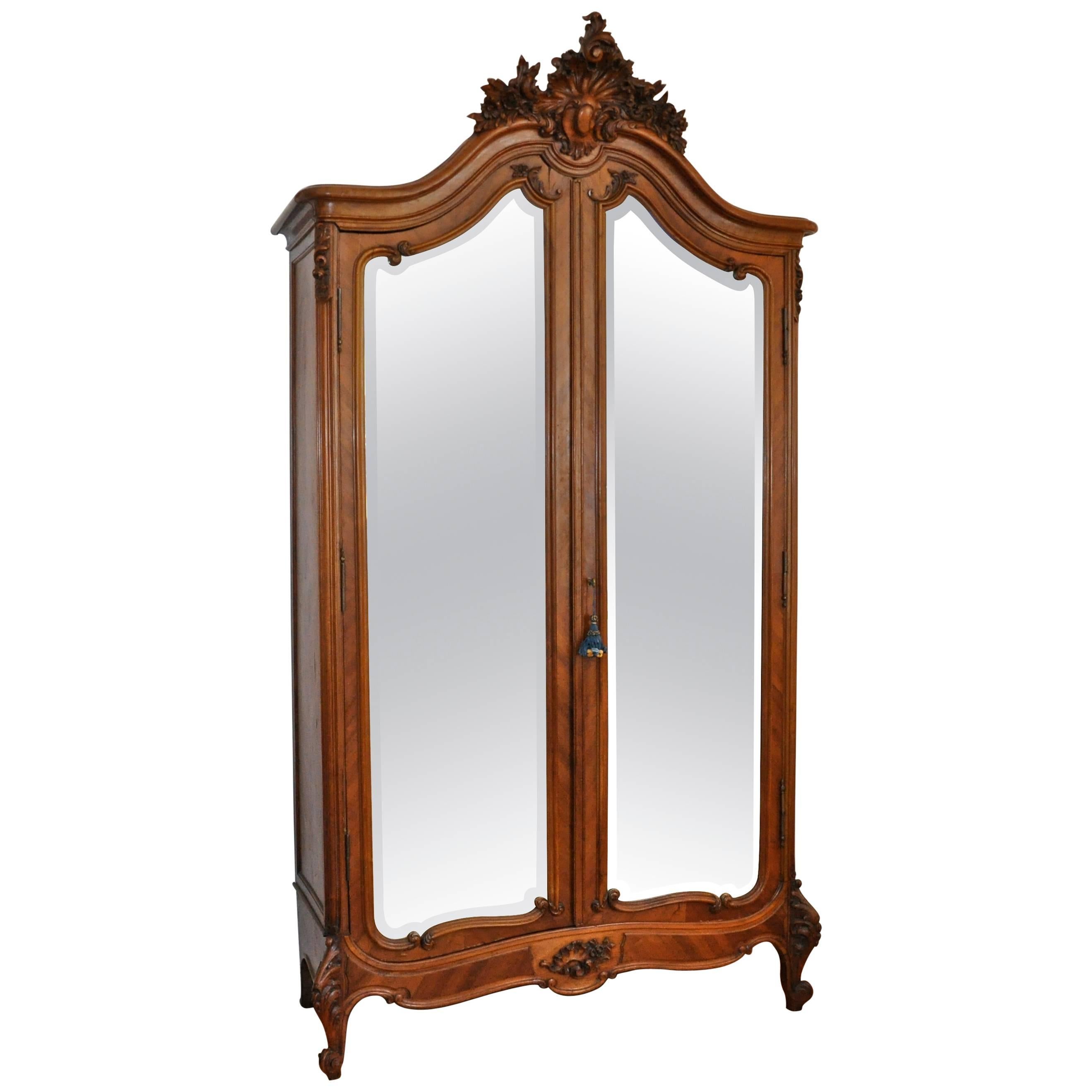 Late 19th Century French Louis XV Style Mirrored Walnut Armoire