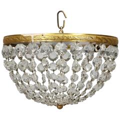 Antique Round Brass and Crystal Beaded Flush Mount Fixture