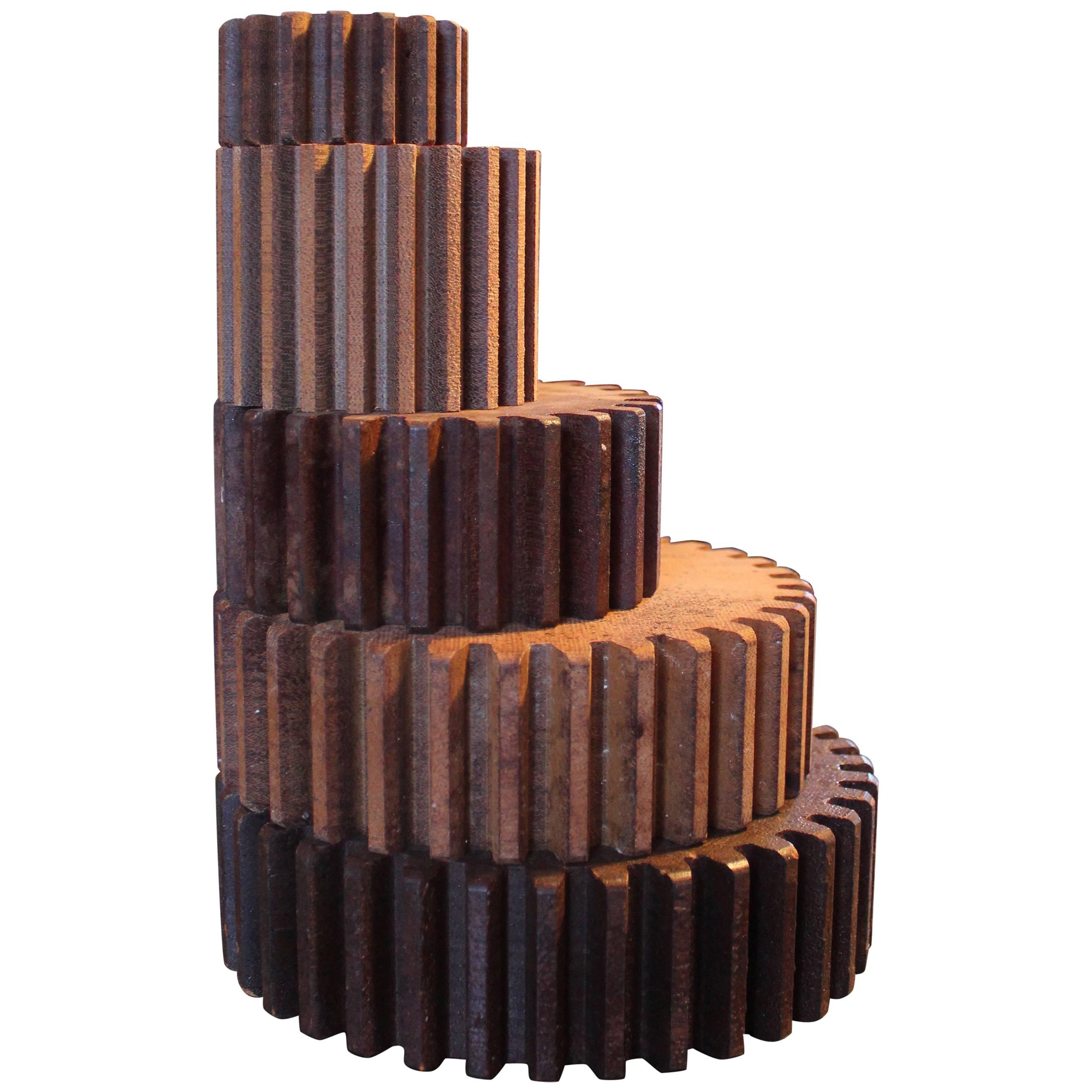 Leaning Tower of Vintage Industrial V2 Wood Gear Molds Candle Holder, Stand